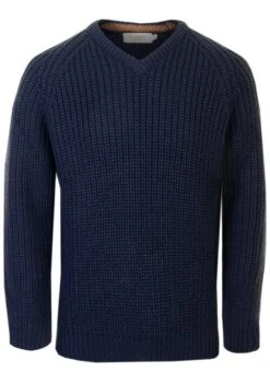 Navy V Neck Fisherman Rib Jumper