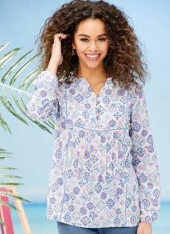 Blue Printed Cotton Dobby Blouse