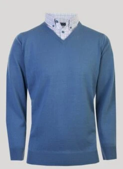 Blue Mock Shirt V Neck Jumper