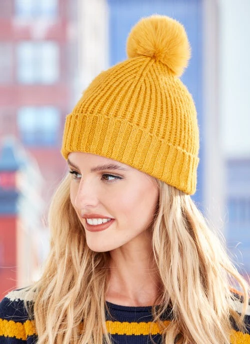 Gold Knitted Faux Fur Pom Hat 1 Gold Knitted Faux Fur Pom Hat