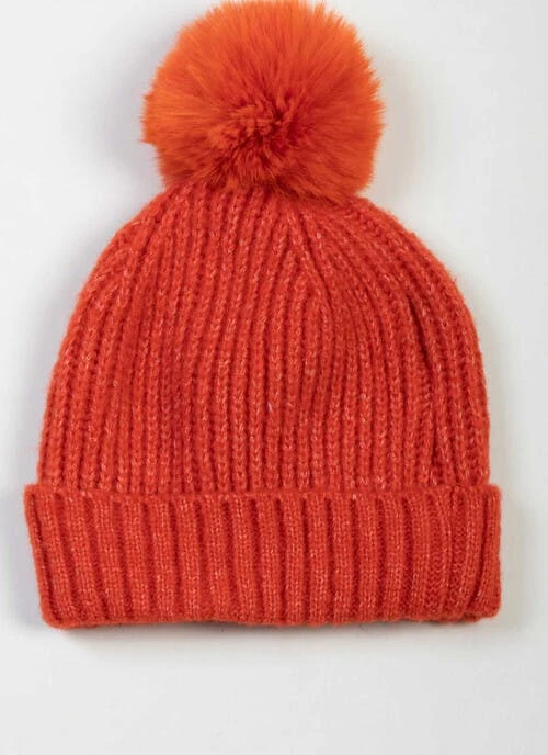 Rust Knitted Faux Fur Pom Hat 2 Rust Knitted Faux Fur Pom Hat - Image 2