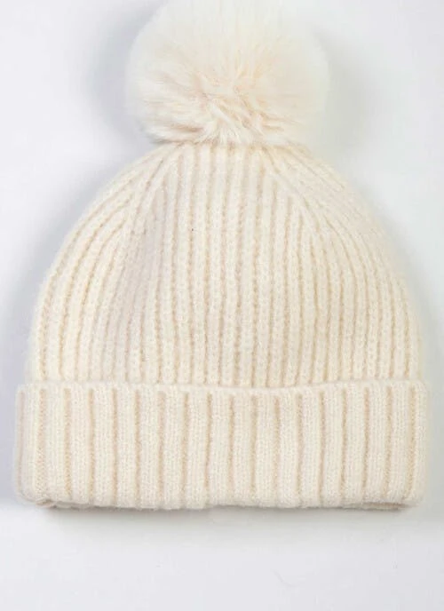 Ivory Knitted Faux Fur Pom Hat 2 Ivory Knitted Faux Fur Pom Hat - Image 2