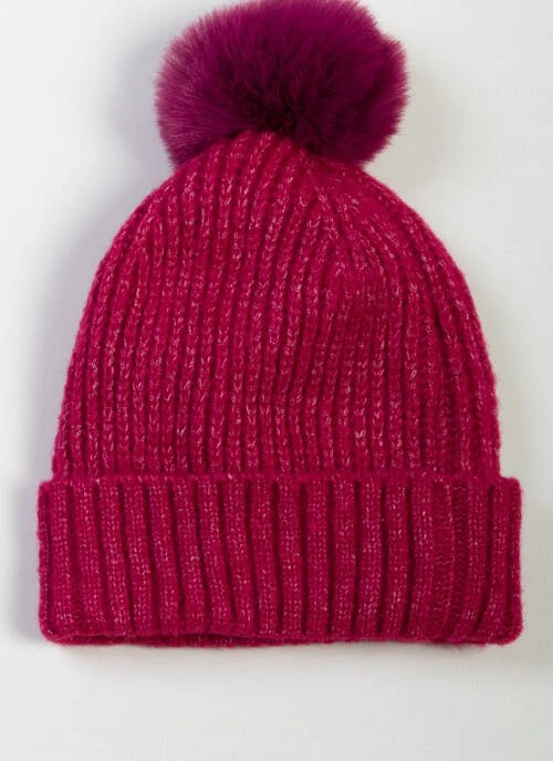 Raspberry Knitted Faux Fur Pom Hat 2 Raspberry Knitted Faux Fur Pom Hat - Image 2
