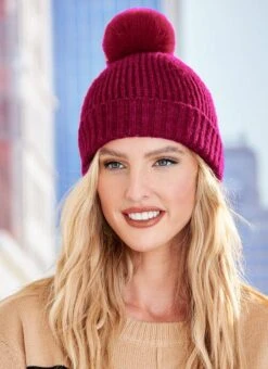 Raspberry Knitted Faux Fur Pom Hat
