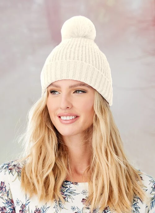 Ivory Knitted Faux Fur Pom Hat 1 Ivory Knitted Faux Fur Pom Hat