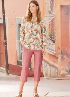 Chambray Pull On Cropped Trousers Inside Leg 21"