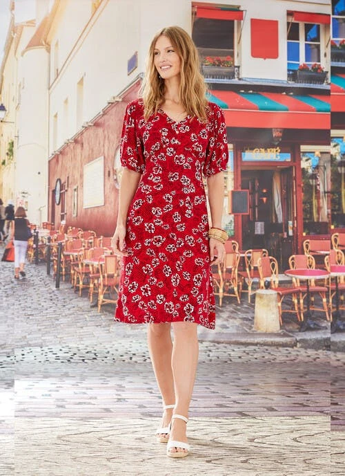 Red Floral Print Tea Dress 2 Red Floral Print Tea Dress - Image 2