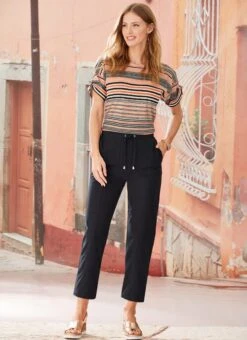 Black Chambray Pull On Trousers