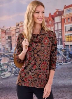 Orange Print Cowl Neck Top