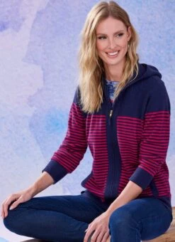 Navy Stripe Hooded Zip Cardigan
