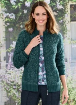 Teal Zip Front Boucle Cardigan