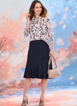 Navy Textured Lined Skirt 27"