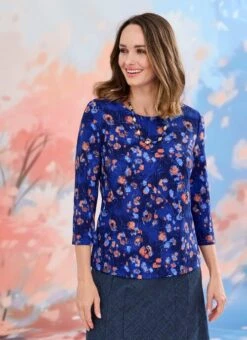 Navy Print Necklace Top