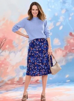 Navy Print Lined Skirt 27"