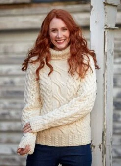 Ecru Aran Wool Polo Jumper