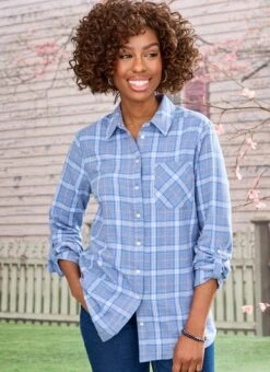 Blue Cotton Check Blouse