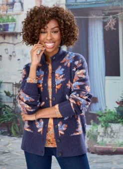 Navy Jacquard Cardigan