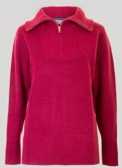 Raspberry Funnel Neck Knitted Jumper