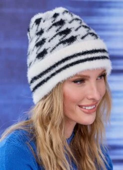 Fluffy Houndstooth Beanie Hat