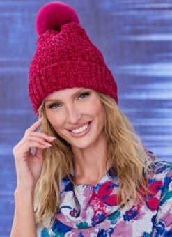 Raspberry Chenille Pom Pom Hat