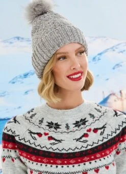 Grey Chenille Pom Pom Hat