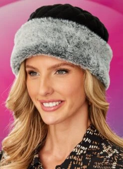 Black Quilted Fleece Faux Fur Hat