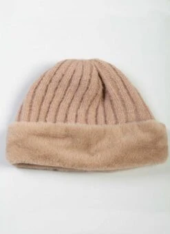Beige Knitted Faux Fur Hat