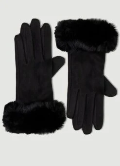 Black Fur Trim Suedette Gloves