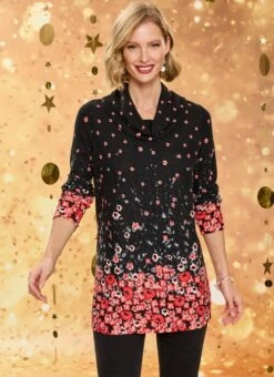 Black Border Print Cowl Neck Top