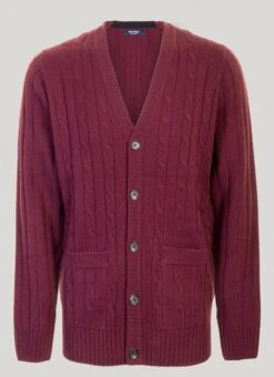 Wine V Neck Cable Cardigan