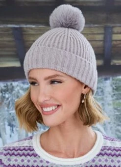 Grey Knitted Faux Fur Pom Hat