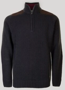 Charcoal Zip Neck Suede Trim Jumper